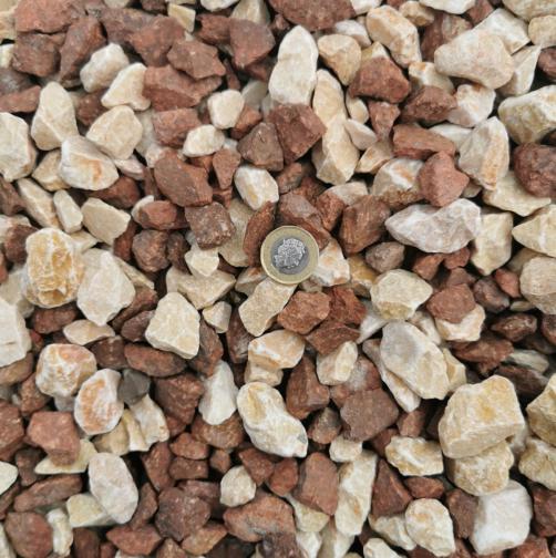 Sunset Red - 20mm Limited stock - 2 bags available. Red & buff coloured stone ideal for use in gardens rockeries & borders or for driveways and paths.